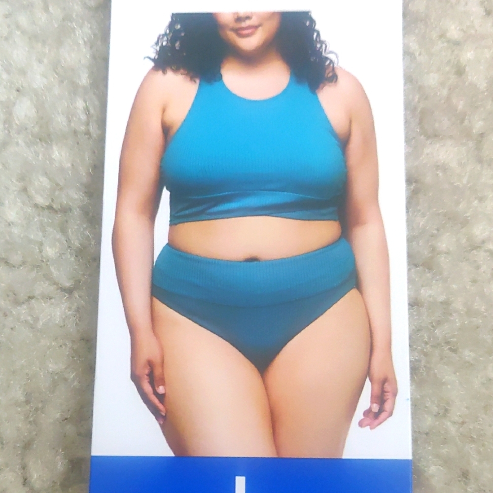 Next by Athena Women's 2-Piece Rib High Neck Racerback Teal/Blue Ribbed Swimwear